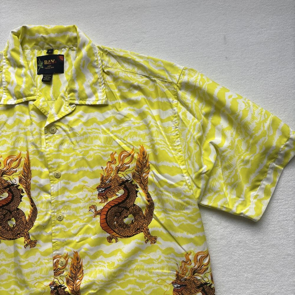 Bay Creek Dragon Print Shirt Mens Large Yellow Short Sleeve Tropical Button Up - Picture 4 of 16